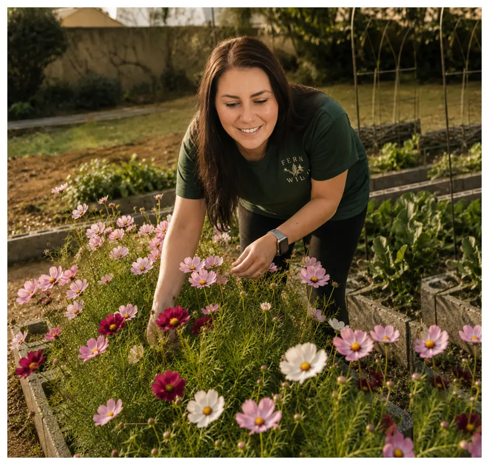 Melanie-Fern Smit picking cosmos flowers in the Fern & Wild garden in Randburg, Johannesburg
